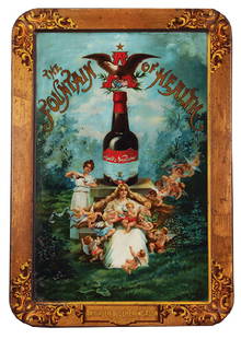 Malt-Nutrine Lithograph: The Fountain of Health Malt-Nutrine lithograph on metal, 18.0'' x 26.0'', made by Standard Adv. Co., Coshocton, Ohio, a little rust & wear around edges