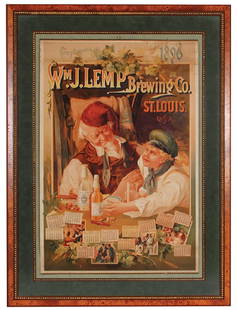 Lemp Brewing Co. St. Louis Lithograph: Wm. J. Lemp Brewing Co. St. Louis, U.S.A. 1896 Calendar lithograph on paper, framed 39.4'' x 29.3'', made by The Milwaukee Litho. & Engr. Co., a little discoloring on top edge, side edge wrinkled, dis