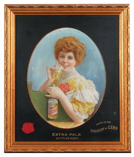 Lemp St. Louis Lithograph: Lemp St. Louis Extra Pale Bottled Beer lithograph on paper, framed 26.9'' x 22.8'', copyright 1906 by Wm. J. Lemp Brew Co., embossed seal on matting, professionally framed & matted, excellent conditio