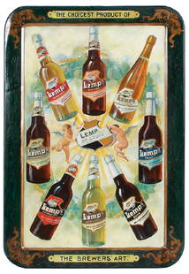 Lemp St. Louis Lithograph: Lemp St. Louis, The Choicest Product of The Brewers Art lithograph on metal, 26.0'' x 18.0'', made by The Meek & Beach Co., Coshocton, O., repainted around edges and on some bottles