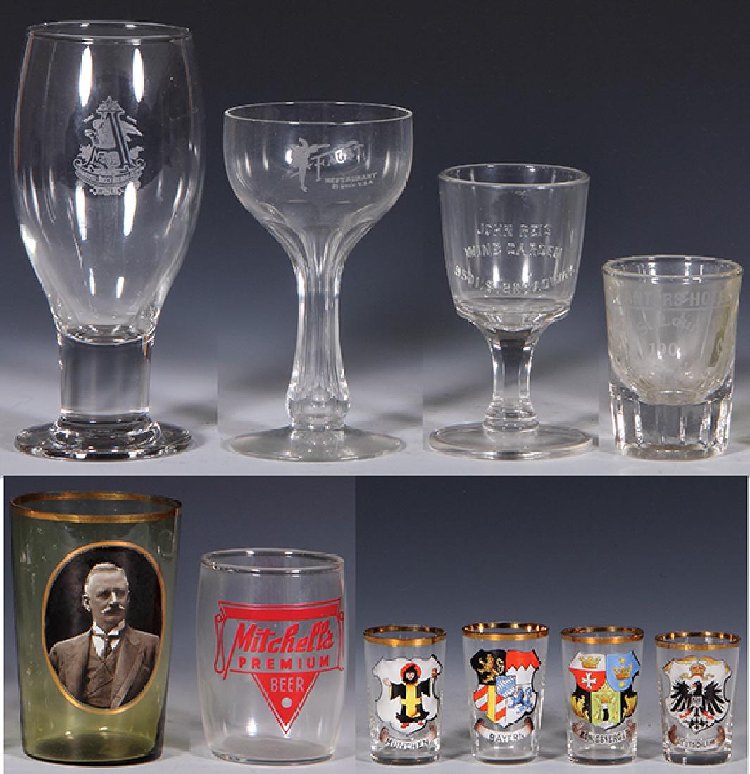 Ten glasses: Ten glasses, 2.0'' to 6.5'' ht., A & Eagle, Faust, John Reis Wine Garden, Planters Hotel, Photograph, Mitchell's Premium Beer, handpainted: Mnchen, Bayern, Konigsberg i. Pr., Deutschland, good conditi