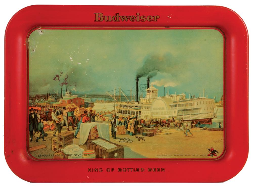 Anheuser-Busch advertising tray,: Anheuser-Busch advertising tray, 7.5" x 12.7", Budweiser King of Bottled Beer, St. Louis Levee in Early Seventies, marked: made by Amer. Can Co., litho. in U.S.A., copyright 1914, scratches and blemis