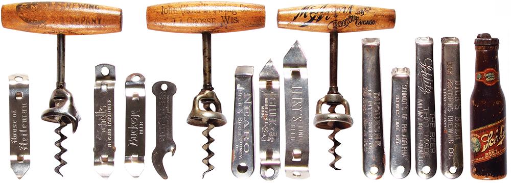 Fifteen cork screws & bottle openers: Fifteen cork screws & bottle openers, John Gund Brewing Co., Minn. Brewing Co., McAron Brewing Co., Chic., Schlitz Beer, Leisy’s, Ekco-Chic., Nearo, Dick & Bros., Quincy, Schmidt’s of Phil.,