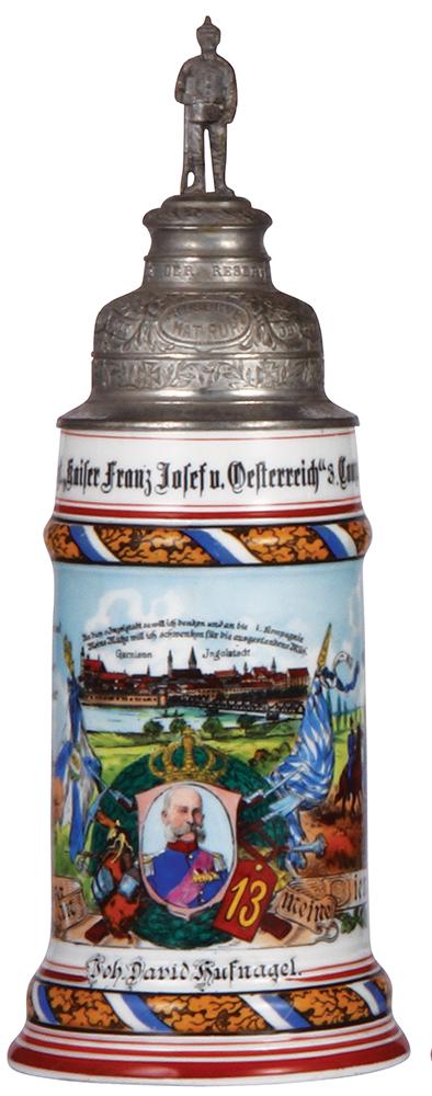 Regimental stein, porcelain: Regimental stein, .5L, 11.5'' ht., porcelain, 3. Comp., bayr, Inft. Regt. Nr. 13, Ingolstadt, 1906 - 1908, two side scenes, lion thumblift, named to: Joh. David Hufnagel, under handle; Gruss aus Münc