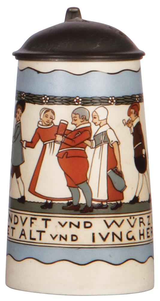 Mettlach stein, .5L, 3002: Mettlach stein, .5L, 3002, etched, by F. Ringer, pewter lid, mint.