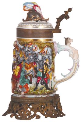 Porcelain stein, Capo-di-Monte: Porcelain stein, 1.0L, 12.0'' ht., relief, hand-painted, Capo-di-Monte, porcelain lid, brass mounts, mint.