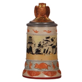 Stoneware stein, marked L.B. & C., inlaid figural owl lid