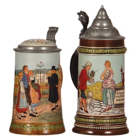 Pottery steins (two), marked H.R., 406; with H.R., 509, by Hauber & Reuther