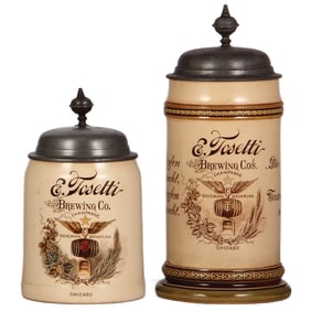 Mettlach steins (two), E. Tosetti Brewing Co. Chicago,