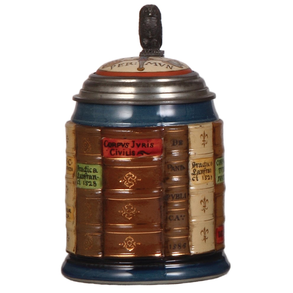 Mettlach stein, .5L, 2001A: Mettlach stein, .5L, 2001A, decorated relief, Book Stein for Law, inlaid lid, mint.