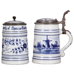 Porcelain steins (two), Property of Cherokee Garden; with windmill