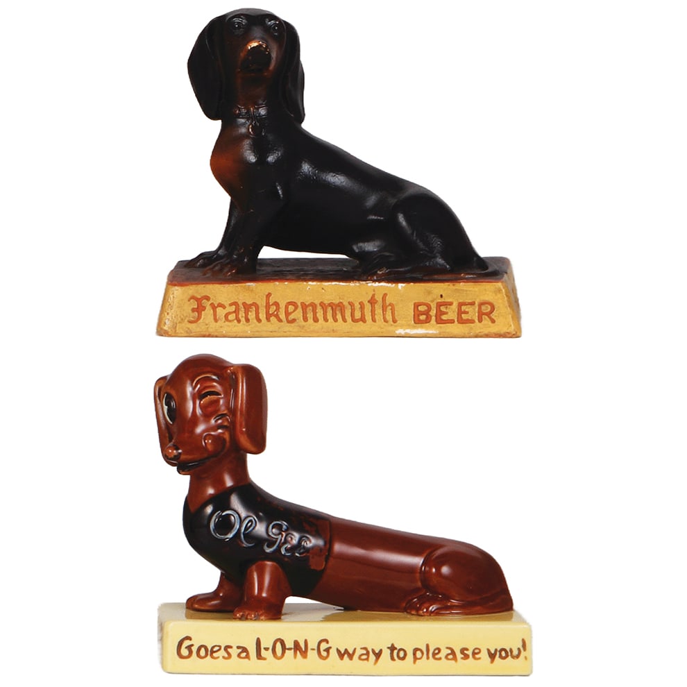 Two advertising figurines, Frankenmuth Beer; Queen City Brewing Co.: Two advertising figurines, 6.5" l., chalk ware, Frankenmuth Beer; 6.4" l., ceramic, Queen City Brewing Co., both have minimal wear.