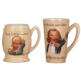 Mettlach beakers (two), Hires Rootbeer