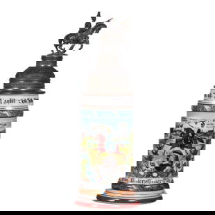 Regimental stein, bayr. 7. Chev. Regt., Straubing, 1910 - 1911: Regimental stein, .5L, 13.1" ht., porcelain, 2. Esk., bayr. 7. Chev. Regt., Straubing, 1910 - 1911, four side scenes, roster, lion thumblift, named to: Einj. Unteroffizier Pilz, screw-off finial with