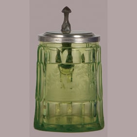 Glass stein, .5L, blown, uranium glass, wheel-engraved doe & fawn