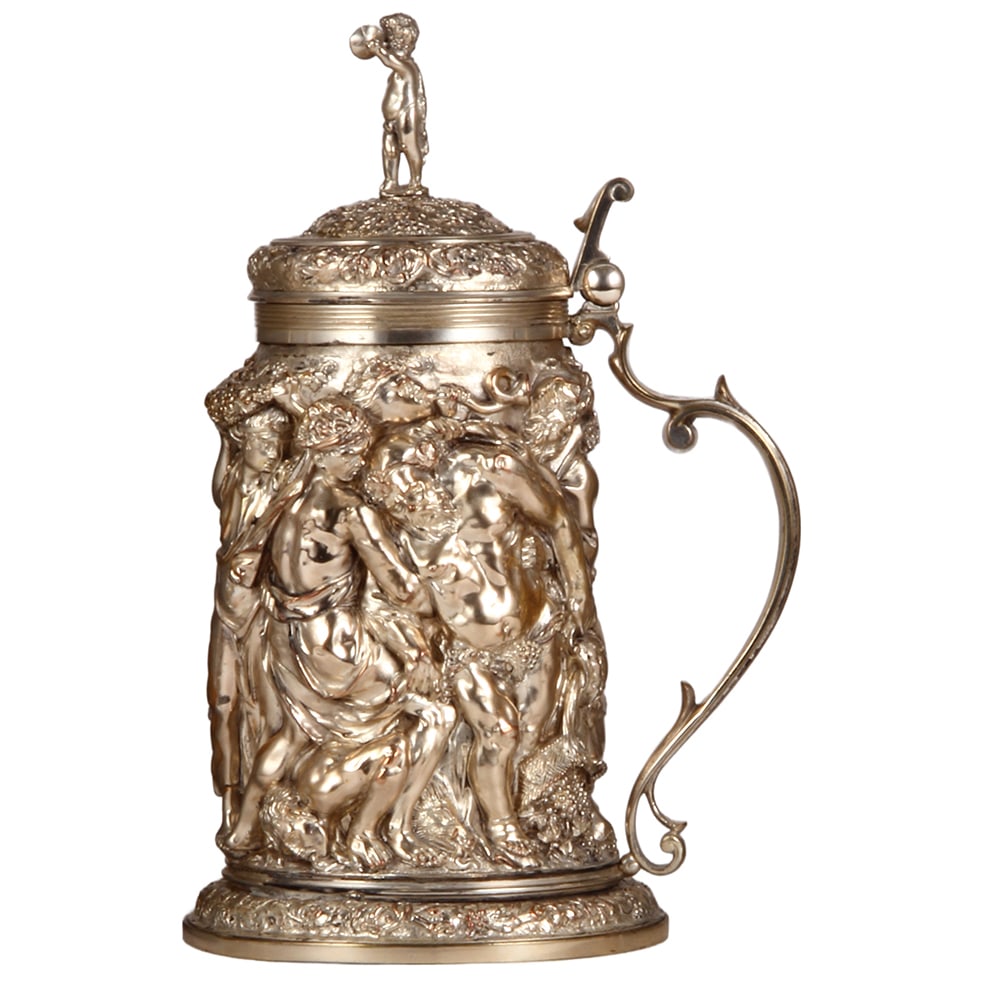 Silver-on-copper tankard,  late 1800s, elaborate orgy scene (1 of 5)