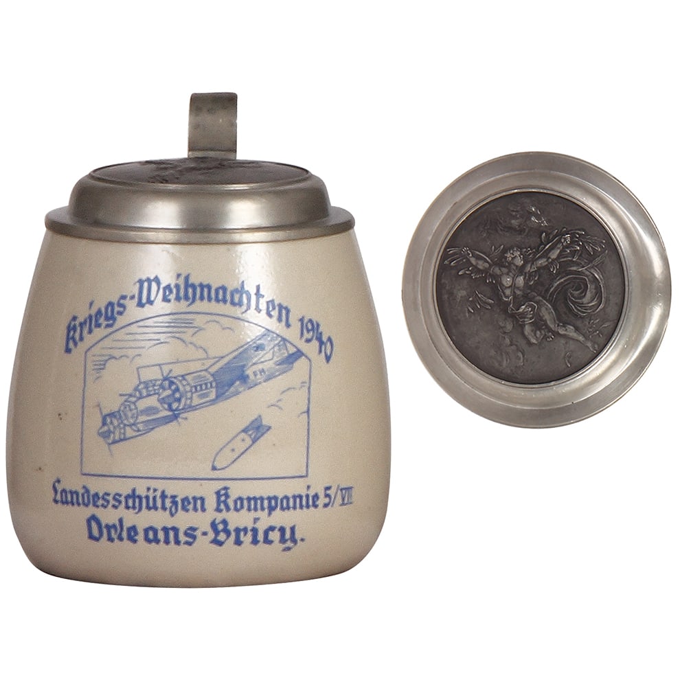 Third Reich stein, Landesschützen Kompanie 5/VII, Orleans-Bricy, 1940: Third Reich stein, .5L, stoneware, Landesschützen Kompanie 5/VII, Orleans-Bricy, 1940, rare decoration, pewter lid with relief Icarus falling from sky, mint.