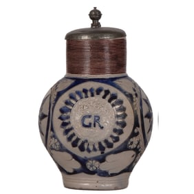 Stoneware stein, mid 1700s, Westerwälder Kugelkrug