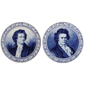 Royal Bonn plaques, pair, 19.7" d., Delft, hand-painted, Beethoven & Göthe