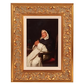 Porcelain plaque, 6.2'' x 9.4'', frame 11.6'' x 14.7'', marked K.P.M., Mönch bei Wein