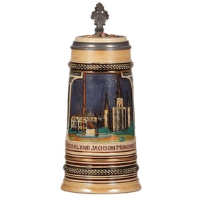 Pottery stein, St. Louis Cathedral and Jackson Monument, New Orleans