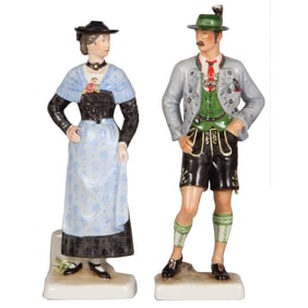 Allach figurines, pair, Oberbayerisches Bauernpaar, #47 & #48, marked Allach