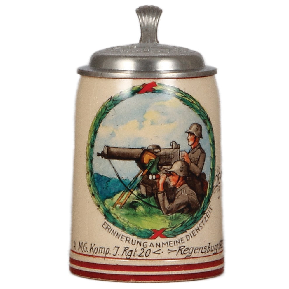 Third Reich stein, 4. M.G. Komp. Inf. Regt. 20, Regensburg: Third Reich stein, .5L, pottery, 4. M.G. Komp. Inf. Regt. 20, Regensburg, 1922 - 1927, Wachführer Nerf, rare scene, pewter lid with relief helmet with swastika, mint.