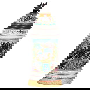 Regimental stein, Feld Artl. Regt. Nr. 22, Münster, 1905 - 1907: Regimental stein, .5L, 10.7" ht., porcelain, 4. Battr., Feld Artl. Regt. Nr. 22, Münster, 1905 - 1907, two side scenes, roster, eagle thumblift, named to: Resv. Oechtering, rare lid, faint lithop