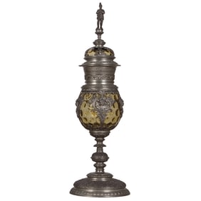 Pewter & glass pokal, 21.1" ht., soldier finial