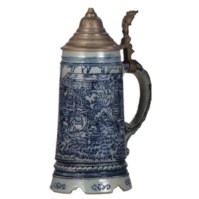 Stoneware stein, .5L, by Whites Pottery, Utica, New York, rugby game