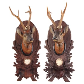 Black Forest matching deer game plaques, wood, gesso and antlers