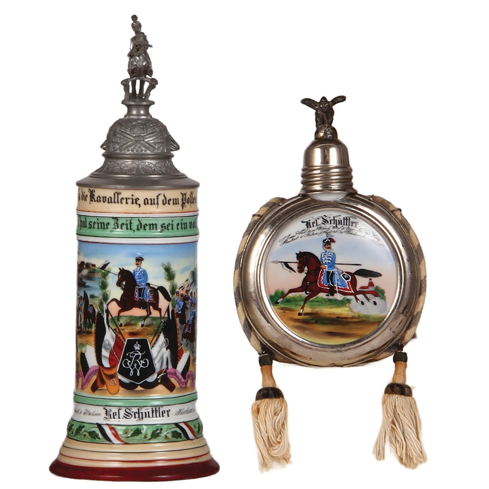 Regimental stein & flask, Husaren Regt. Nr. 13, Diedenhofen, 1907 - 1909: Regimental stein & flask, .5L, 12.2" ht., porcelain, 3. Esc., Husaren Regt. Nr. 13, Diedenhofen, 1907 - 1910, roster, eagle thumblift, named to: Res. Schüttler, very good repair of a .5" base chip; w