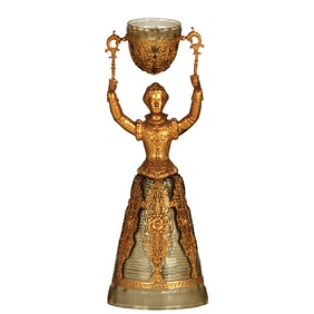 Glass wedding beaker, elaborate gilded brass overlay