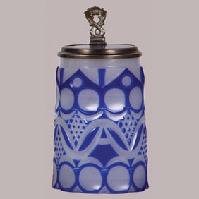 Glass stein, .5L, blown, blue on white opaline
