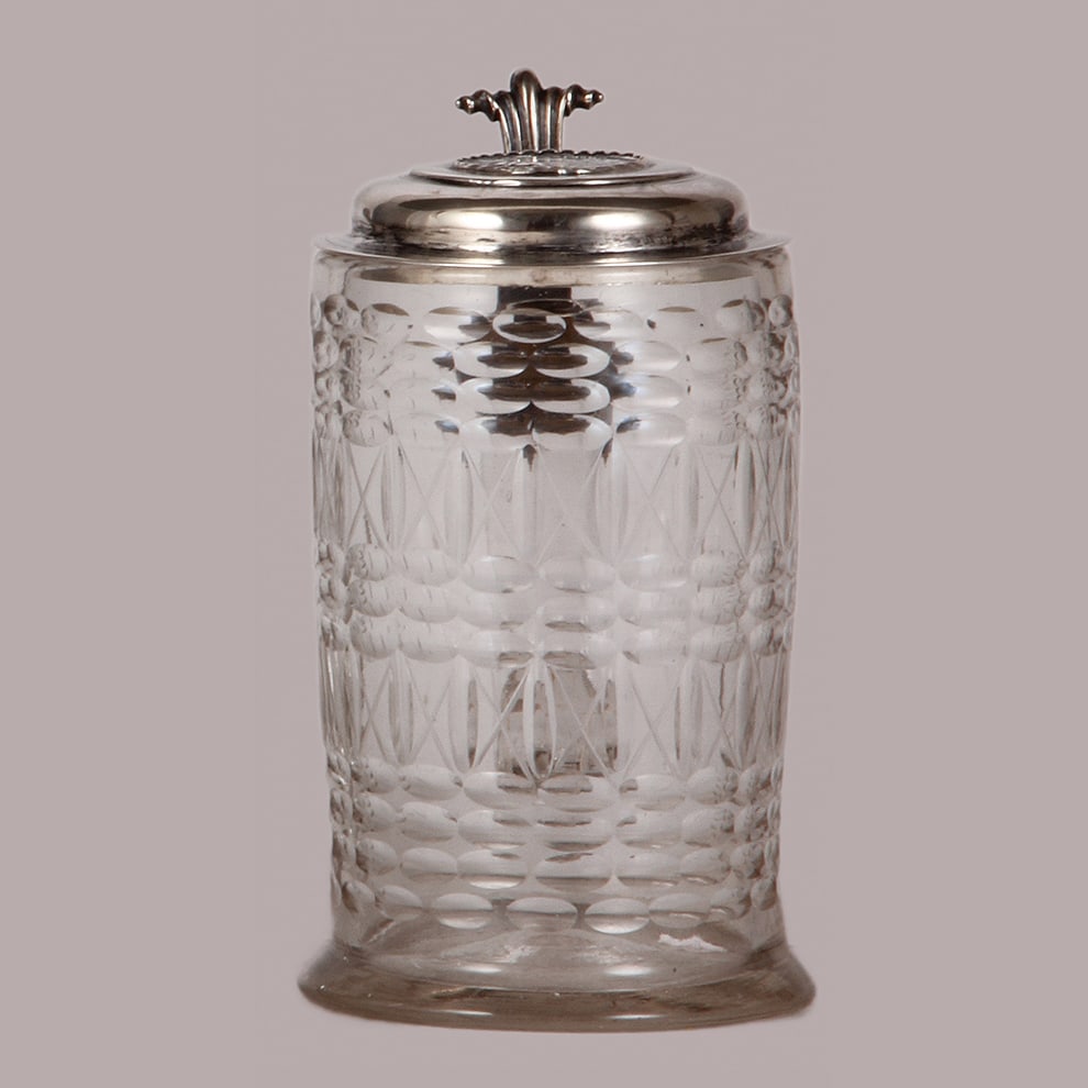 Glass stein, 7.5" ht., blown, silver lid, M.D.C.L.X.X.X.V. (1685) (1 of 6)