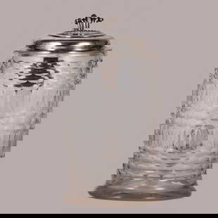 Glass stein, 7.5" ht., blown, silver lid, M.D.C.L.X.X.X.V. (1685): Glass stein, 7.5" ht., blown, clear, cut, silver lid, hall marks, medallion on the lid: Terrao Mario, inside lid: Norvegia Lustrata Christiano V. P. A.&#160; VG. P.P.&#160; M.D.C.L.X.X.X.V. (1685), ve
