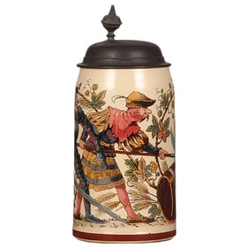 Mettlach stein, .5L, 943[1909], PUG, Landsknecht & brewer