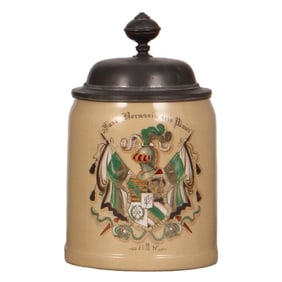 Mettlach stein, .5L, 1526, late 1800s, Saxo Borussia sei's Panier!,