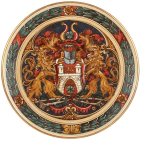 Mettlach plaque, 18.5" d., 2459, etched, Hannover coat-of-arms