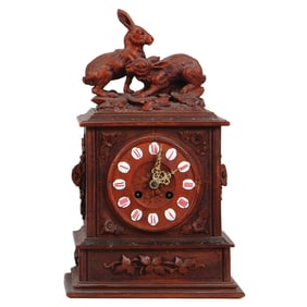 Black Forest Wood carving, made in Switzerland, clock with rabbits