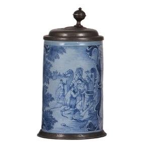 Faience stein, mid 1700s, Nürnberger Walzenkrug, Rebecca at the well