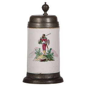 Faience stein, c.1800, Proskauer Walzenkrug, lid dated 1806