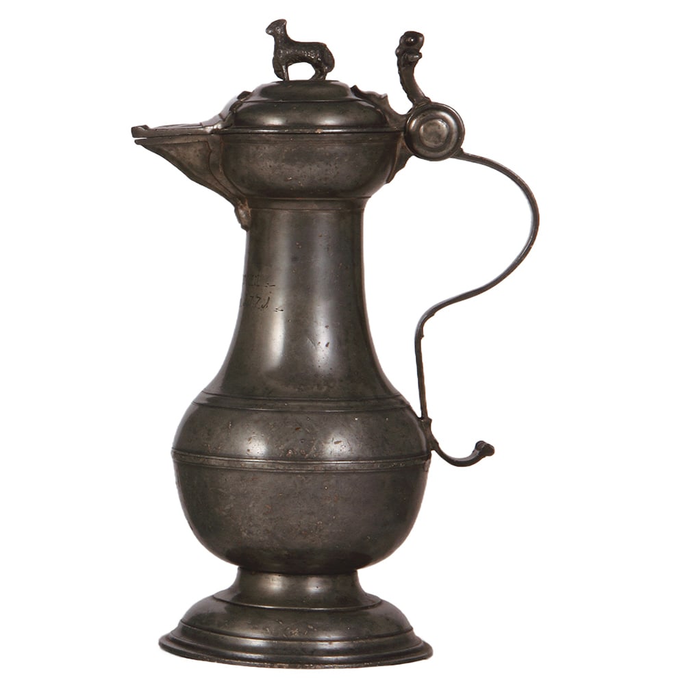 Pewter pitcher, late 1700s, touchmark inside lid, inscription: Renoviert Anno 1771 (1 of 5)