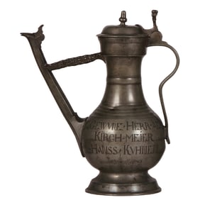 Pewter pitcher, Stegkanne, engraved inscription dated 1750