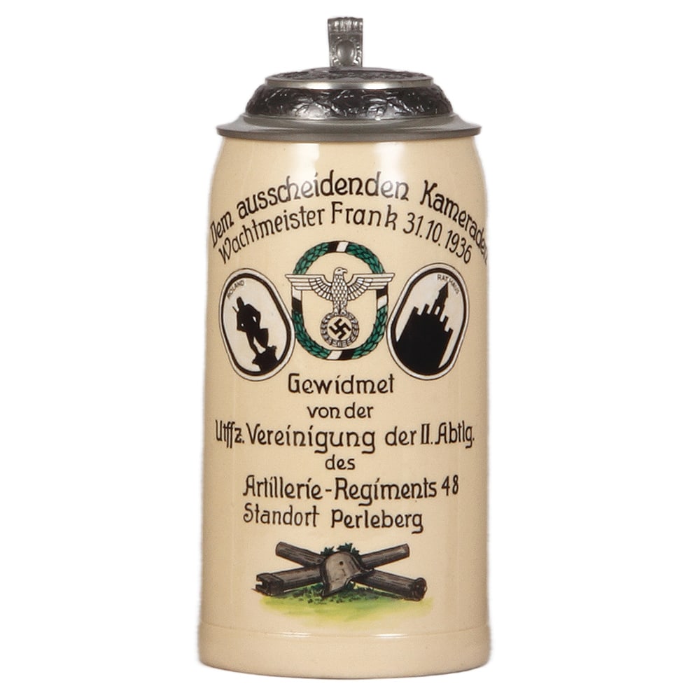 Third Reich stein, Artillerie Regiments 48, Standort Perlberg: Third Reich stein, 1.0L, pottery, Artillerie Regiments 48, Standort Perlberg, Wachmeister Frank, 31.10.1936, pewter lid with relief helmet with swastika, mint.