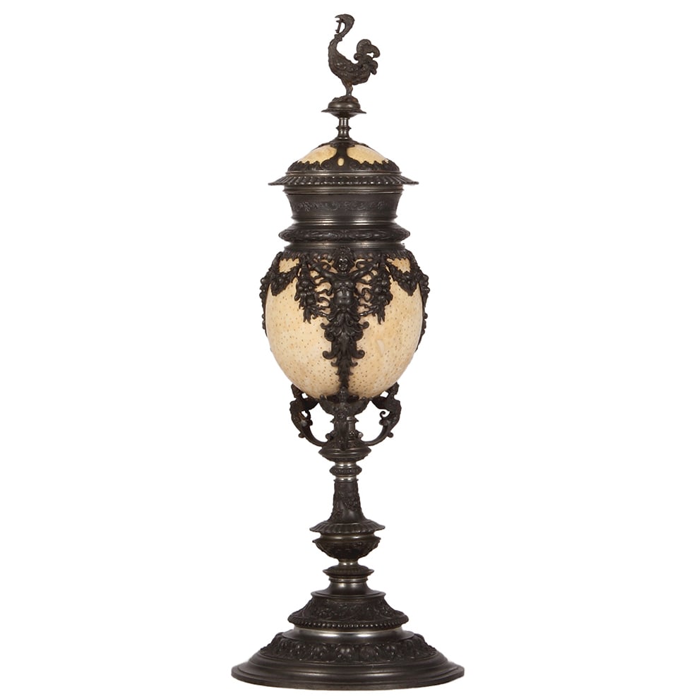 Pewter & ostrich egg pokal, late 1800s (1 of 5)