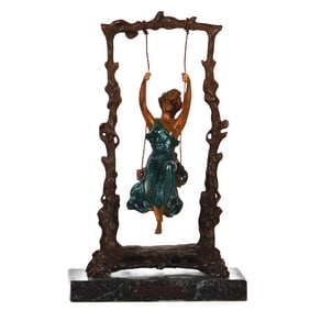 Bronze figurine, 11.0" ht., Girl on Swing, by Aug. Moreau, Art Nouveau