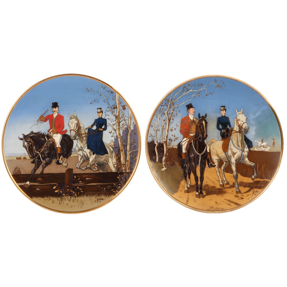 Mettlach plaques (pair), 2041 & 2042, etched, by Stöcke: Mettlach plaques (pair), 15.2" d., 2041 & 2042, etched, by Stöcke, man & woman on horseback, repair on edge & sky at 3 o'clock on 2042, 2041 is mint.