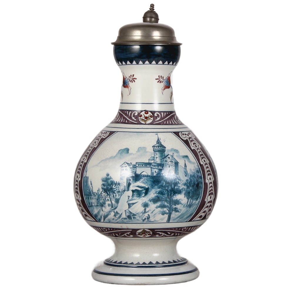 Mettlach stein, 5.0L, 17.2" ht., 5003, Faience, Nürnberg: Mettlach stein, 5.0L, 17.2" ht., 5003, Faience, Nürnberg, pewter lid, mint.