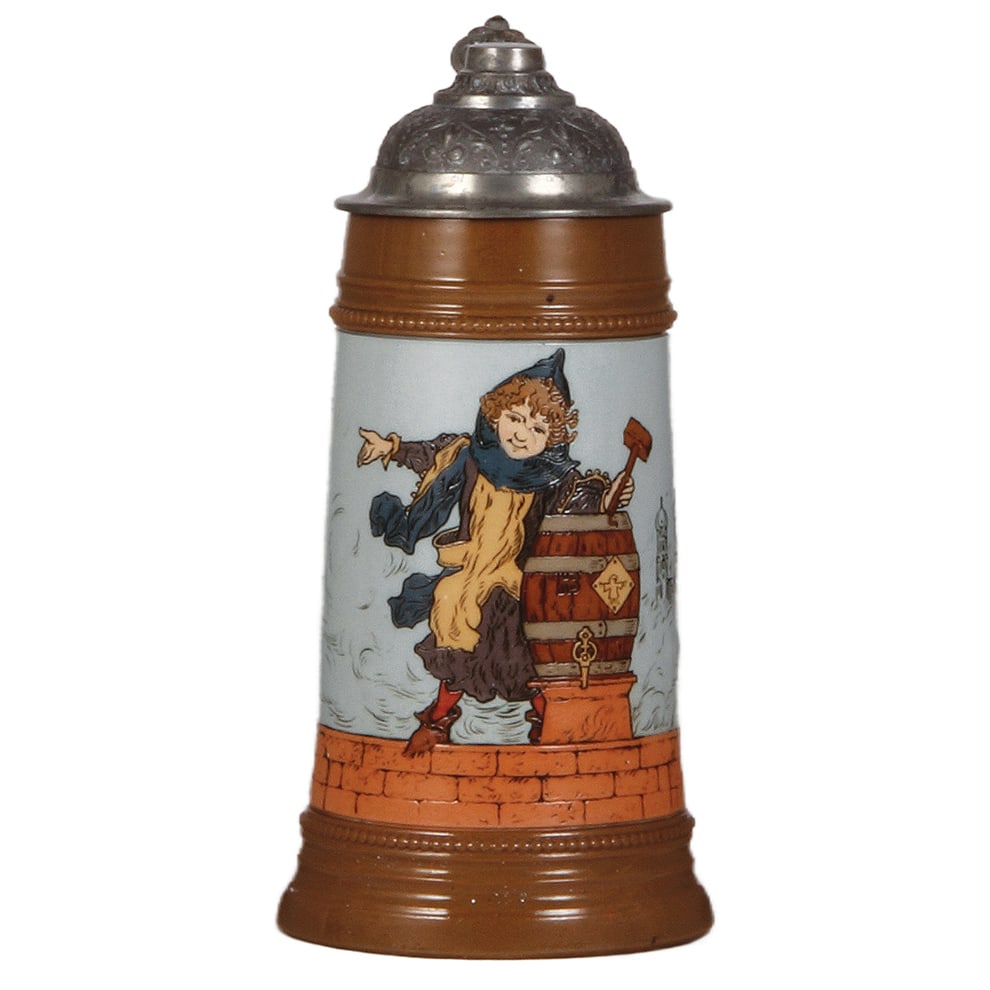 Mettlach stein, .5L, 2767, by H. Schlitt: Mettlach stein, .5L, 2767, etched, by H. Schlitt, unusual (rare) glazed bands upper and lower rims, pewter lid, mint. 